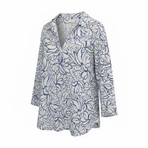 Martha Stewart Collection Linen Floral Collared 3/4 Sleeve Blouse White Blue 2X